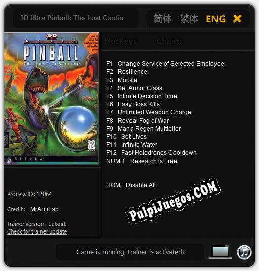 Entrenador liberado a 3D Ultra Pinball: The Lost Continent [v1.0.3]