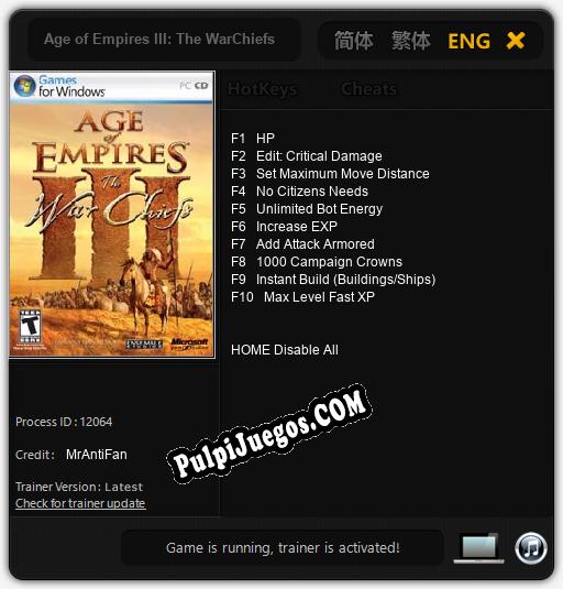 Age of Empires III: The WarChiefs: Cheats, Trainer +10 [MrAntiFan]