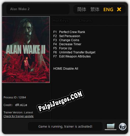 Entrenador liberado a Alan Wake 2 [v1.0.6]