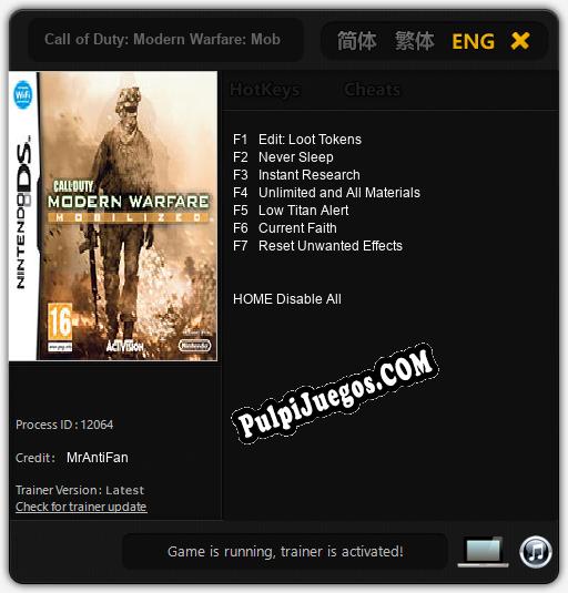 Entrenador liberado a Call of Duty: Modern Warfare: Mobilized [v1.0.4]