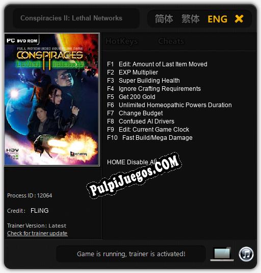 Conspiracies II: Lethal Networks: Trainer +10 [v1.8]