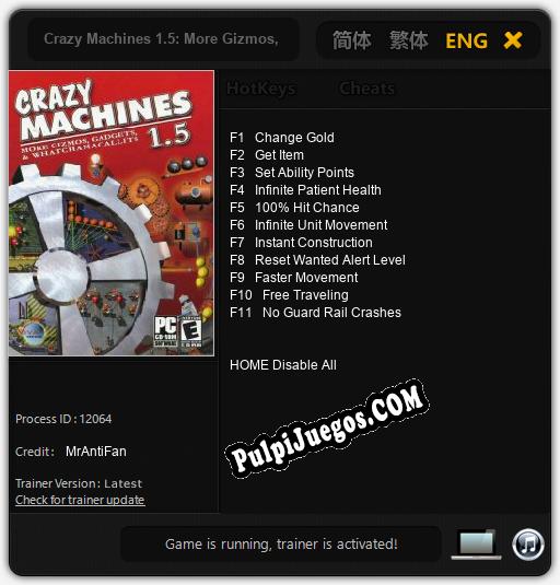 Crazy Machines 1.5: More Gizmos, Gadgets, & Whatchamacallits: Trainer +11 [v1.2]