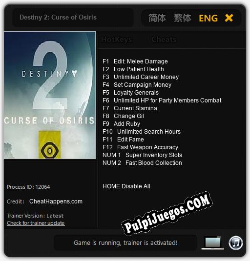 Destiny 2: Curse of Osiris: Trainer +14 [v1.6]