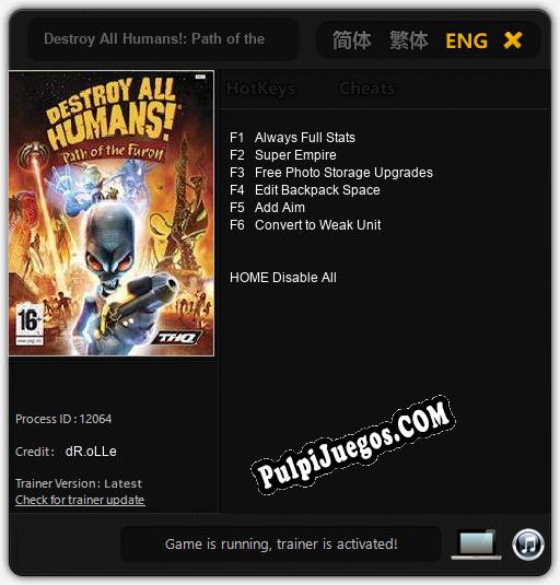 Destroy All Humans!: Path of the Furon: Cheats, Trainer +6 [dR.oLLe]