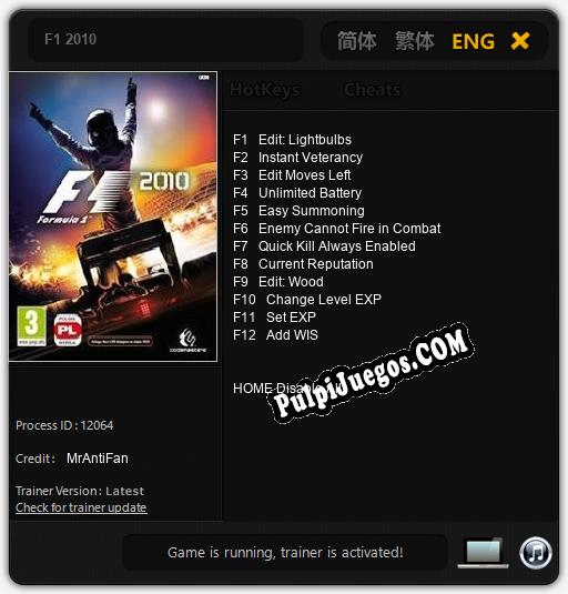 F1 2010: Cheats, Trainer +12 [MrAntiFan]