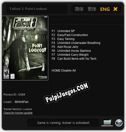 Entrenador liberado a Fallout 3: Point Lookout [v1.0.7]