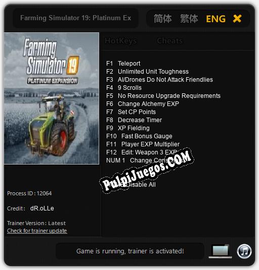 Entrenador liberado a Farming Simulator 19: Platinum Expansion [v1.0.9]