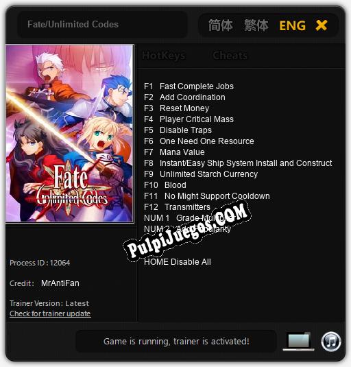 Entrenador liberado a Fate/Unlimited Codes [v1.0.5]