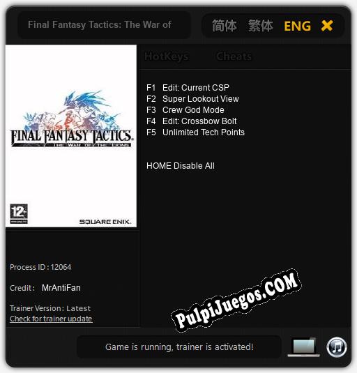 Final Fantasy Tactics: The War of the Lions: Treinador (V1.0.16)