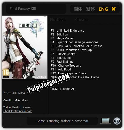 Final Fantasy XIII: Treinador (V1.0.91)