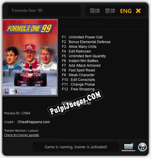 Formula One ‘99: Cheats, Trainer +12 [CheatHappens.com]