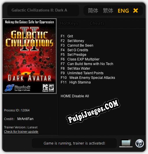 Entrenador liberado a Galactic Civilizations II: Dark Avatar [v1.0.7]