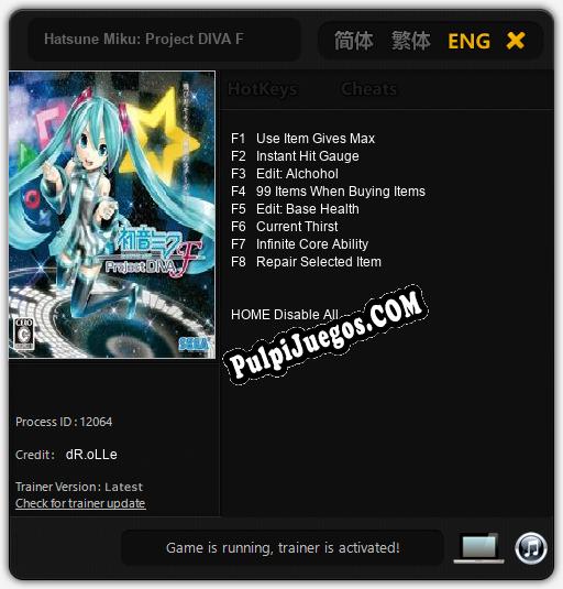 Hatsune Miku: Project DIVA F: Trainer +8 [v1.3]