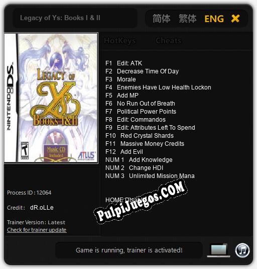 Legacy of Ys: Books I & II: Treinador (V1.0.47)