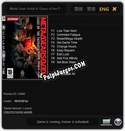 Metal Gear Solid 4: Guns of the Patriots: Cheats, Trainer +9 [MrAntiFan]