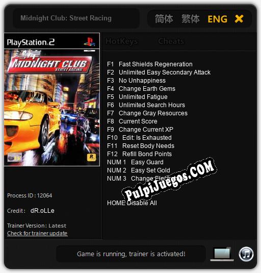 Midnight Club: Street Racing: Treinador (V1.0.62)