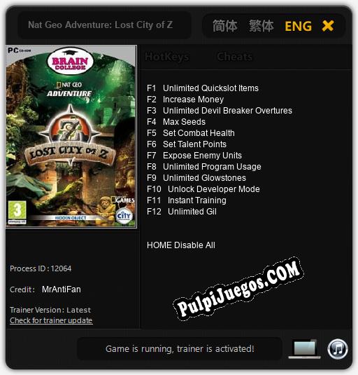 Nat Geo Adventure: Lost City of Z: Treinador (V1.0.26)