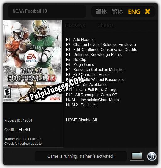 NCAA Football 13: Trainer +14 [v1.6]