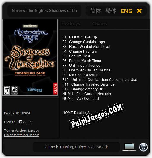 Neverwinter Nights: Shadows of Undrentide: Trainer +14 [v1.1]