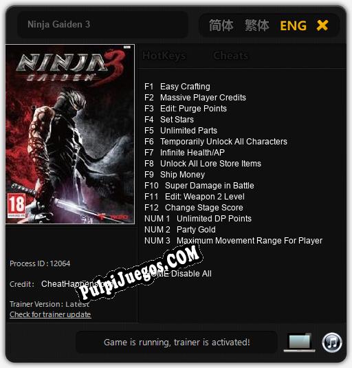 Ninja Gaiden 3: Trainer +15 [v1.6]