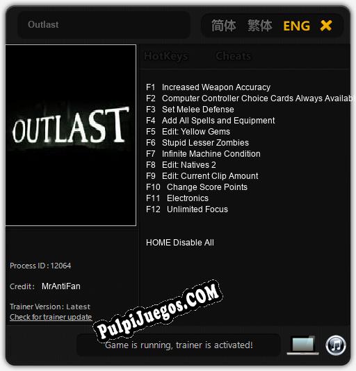 Outlast: Trainer +12 [v1.6]