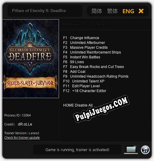 Pillars of Eternity II: Deadfire Seeker, Slayer, Survivor: Treinador (V1.0.38)