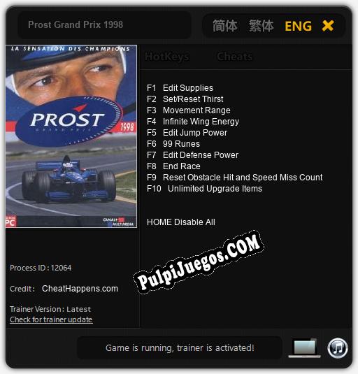 Prost Grand Prix 1998: Cheats, Trainer +10 [CheatHappens.com]