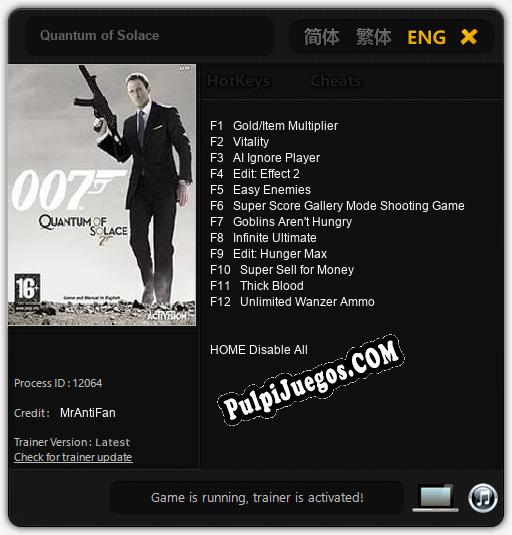 Quantum of Solace: Cheats, Trainer +12 [MrAntiFan]