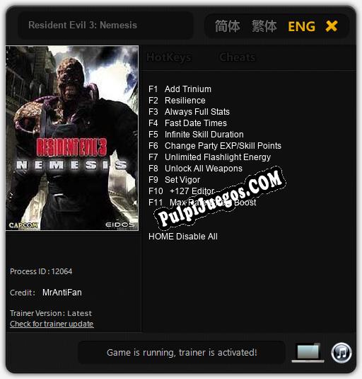 Resident Evil 3: Nemesis: Trainer +11 [v1.3]