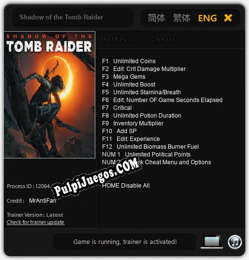 Shadow of the Tomb Raider: Treinador (V1.0.22)