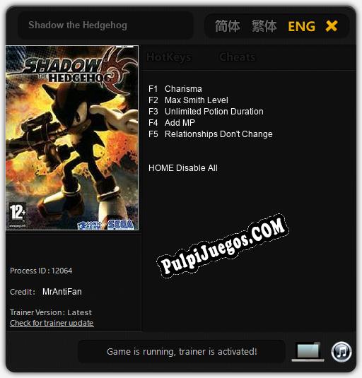 Shadow the Hedgehog: Treinador (V1.0.44)