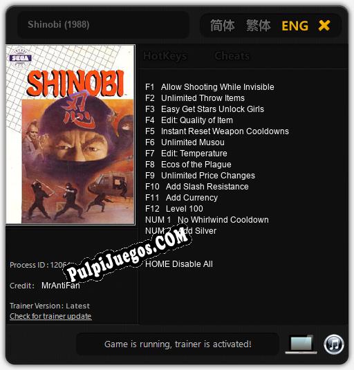 Shinobi (1988): Treinador (V1.0.9)