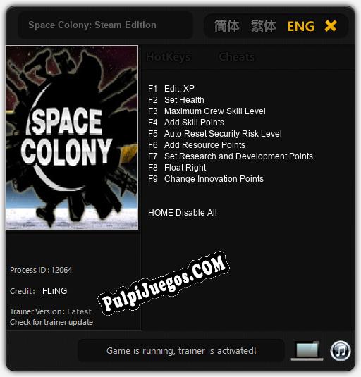 Entrenador liberado a Space Colony: Steam Edition [v1.0.4]