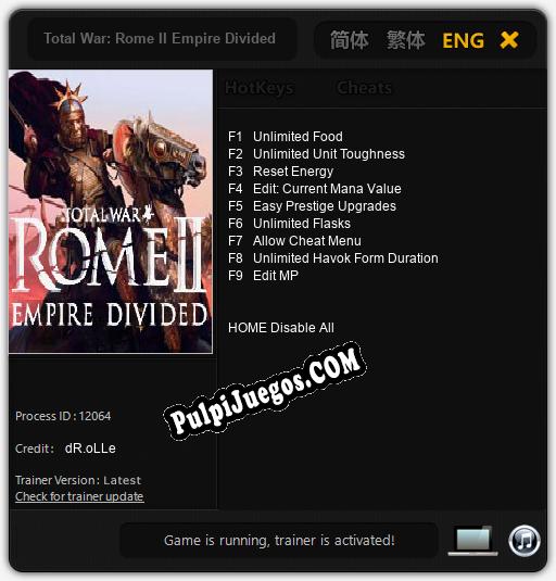 Total War: Rome II Empire Divided: Trainer +9 [v1.6]