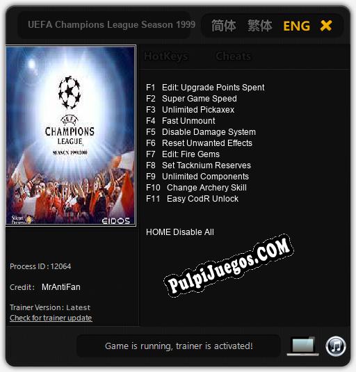 UEFA Champions League Season 1999/2000: Cheats, Trainer +11 [MrAntiFan]