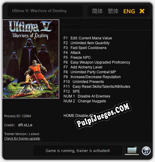 Entrenador liberado a Ultima V: Warriors of Destiny [v1.0.1]