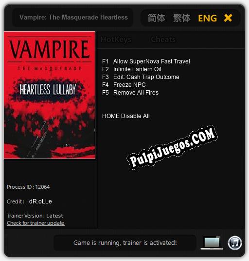 Vampire: The Masquerade Heartless Lullaby: Treinador (V1.0.34)