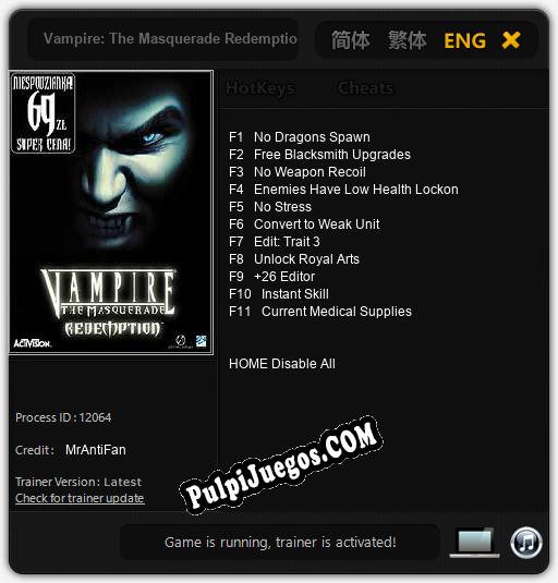 Entrenador liberado a Vampire: The Masquerade Redemption [v1.0.4]