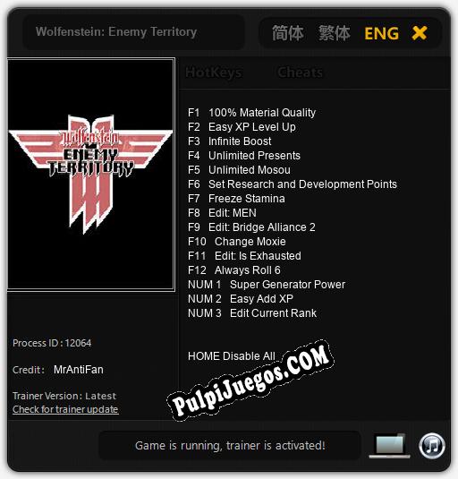 Entrenador liberado a Wolfenstein: Enemy Territory [v1.0.2]