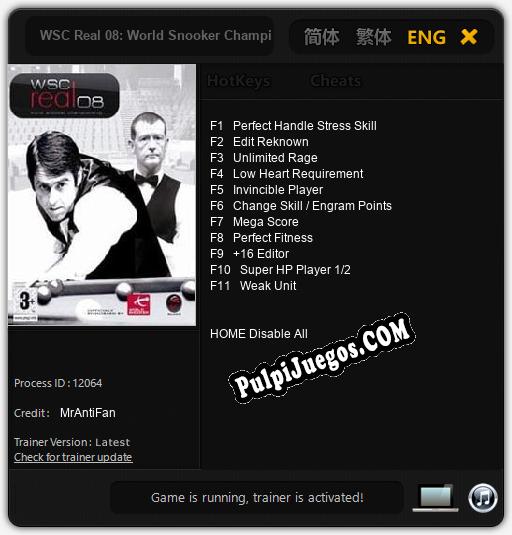 WSC Real 08: World Snooker Championship: Treinador (V1.0.64)