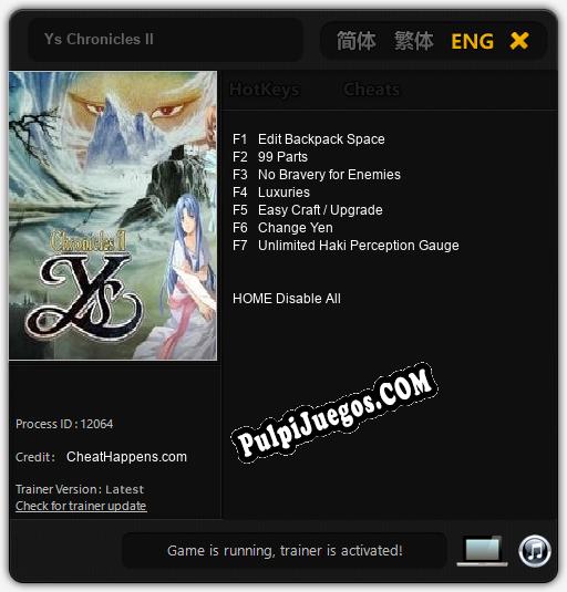 Ys Chronicles II: Trainer +7 [v1.5]