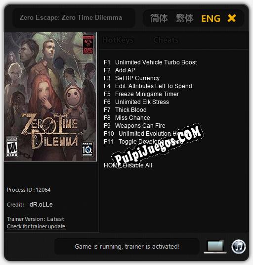 Entrenador liberado a Zero Escape: Zero Time Dilemma [v1.0.1]